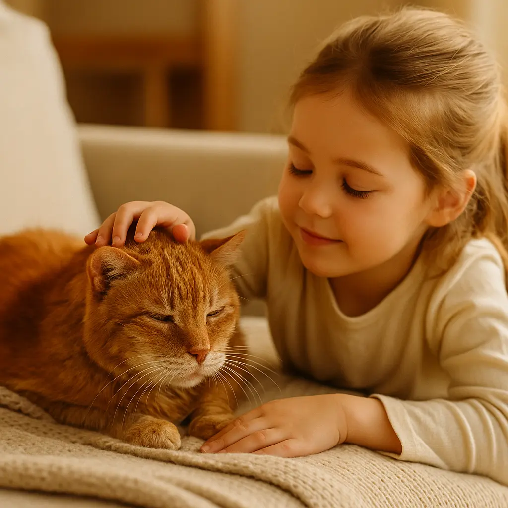 enfant caressant tendrement un chat âgé allongé sur un plaid