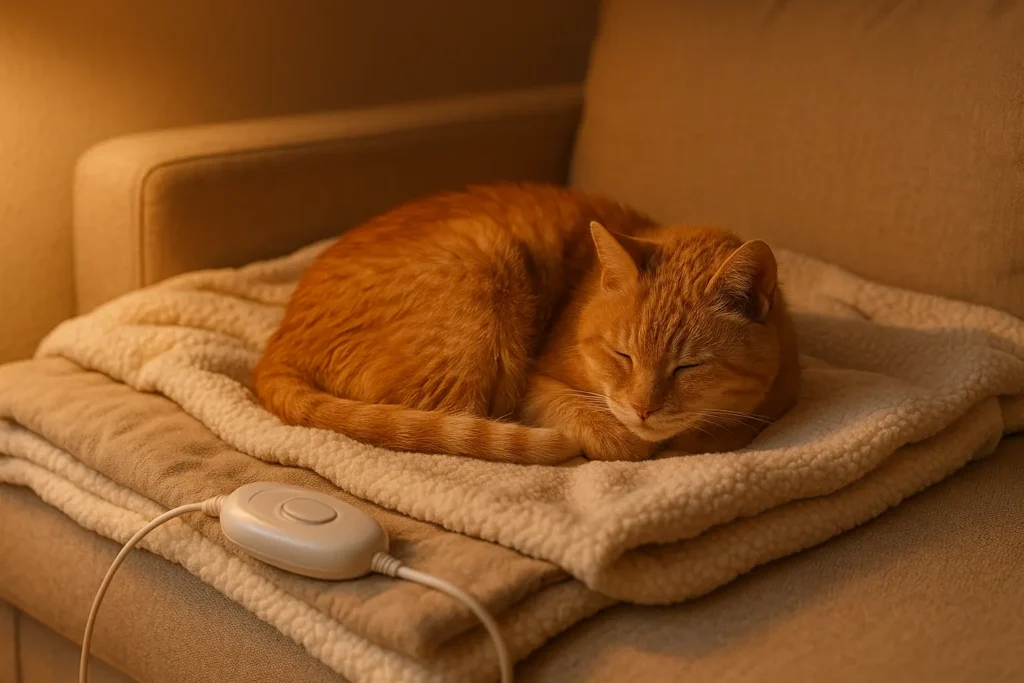 Chat âgé blotti sur une couverture chauffante
