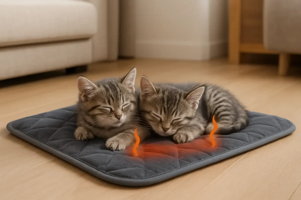 Deux chatons tigrés endormis sur un coussin chauffant posé au sol