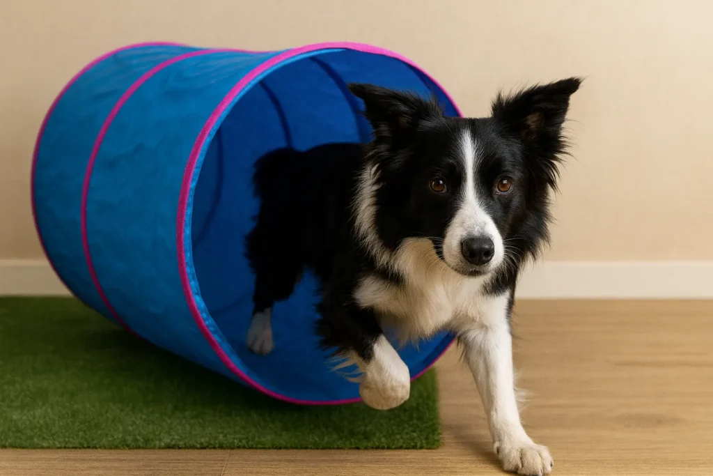 Border Collie sortant d’un tunnel d’agility bleu et rose, en mouvement, sur un sol en bois clair avec un tapis vert.