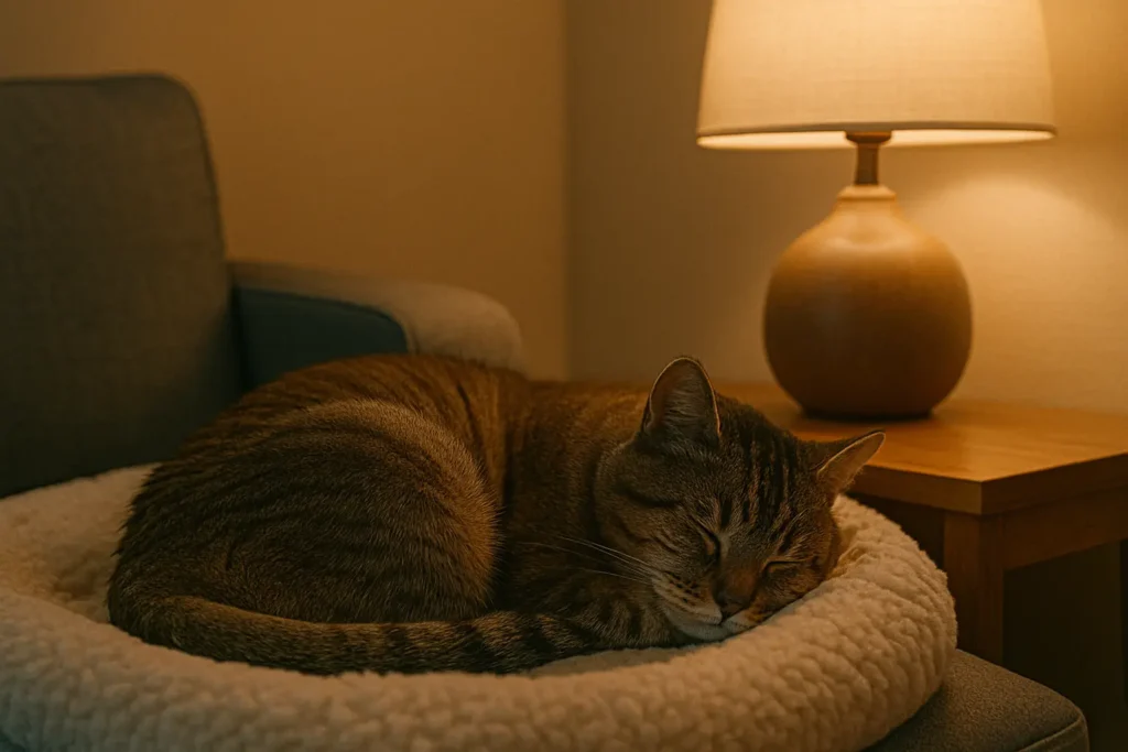 Chat âgé blotti dans un coin confortable