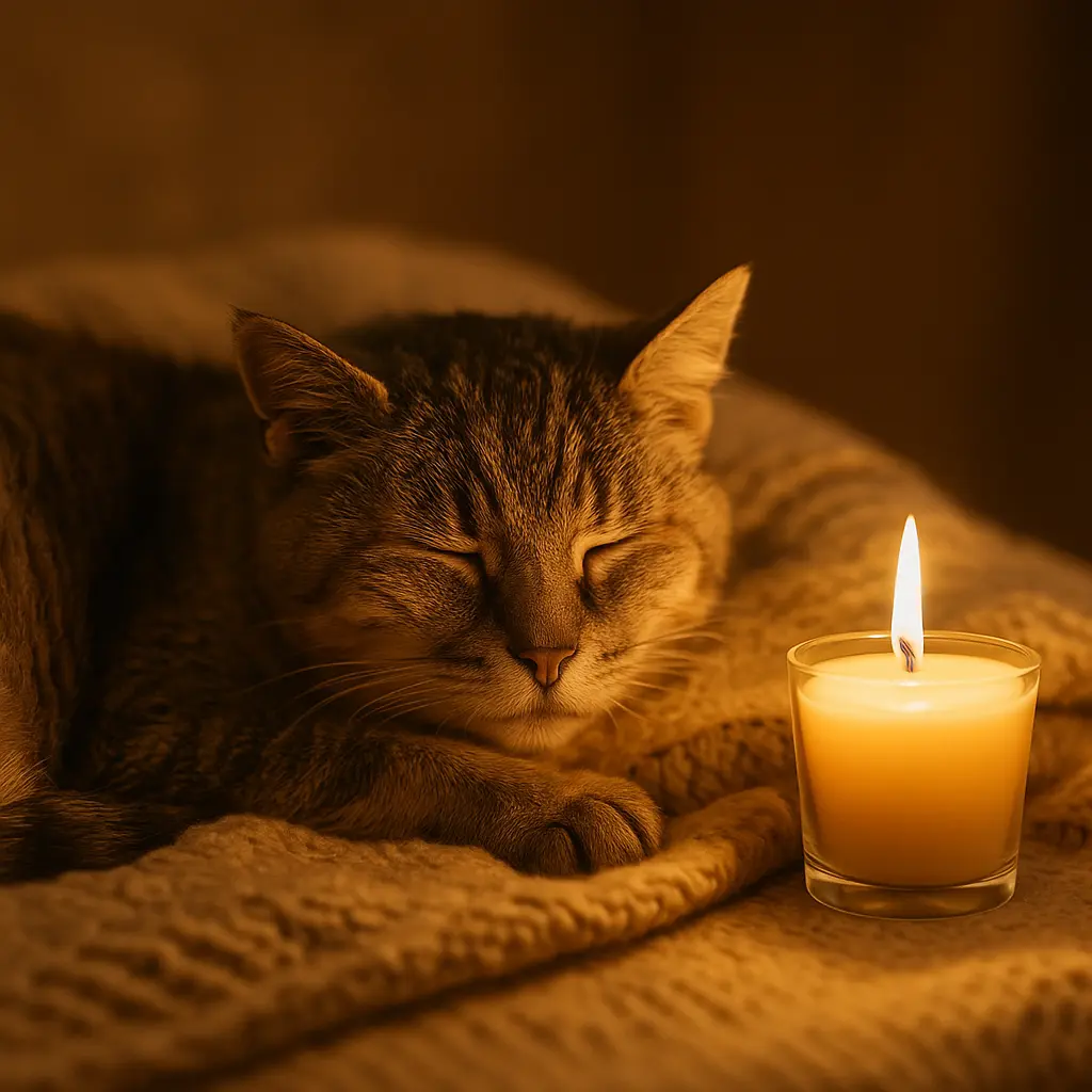 chat âgé endormi sur un plaid près d’une bougie allumée