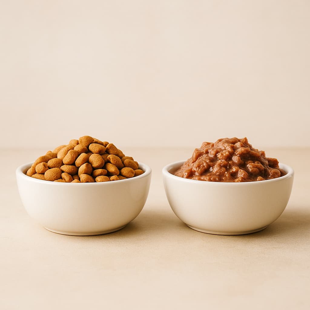 Deux bols côte à côte sur une table : à gauche un bol de croquettes dorées, à droite une pâtée humide appétissante