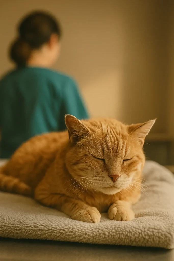 chat âgé dans une clinique vétérinaire, posé sur une couverture douce