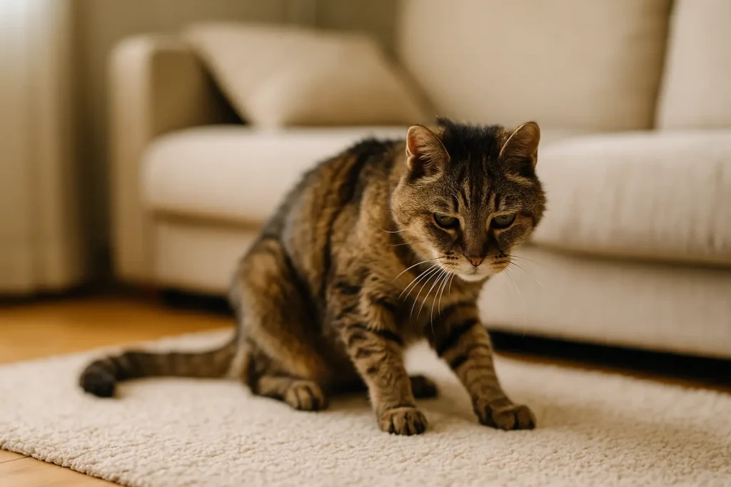 chat montrant un signe d’inconfort / douleur discrète.