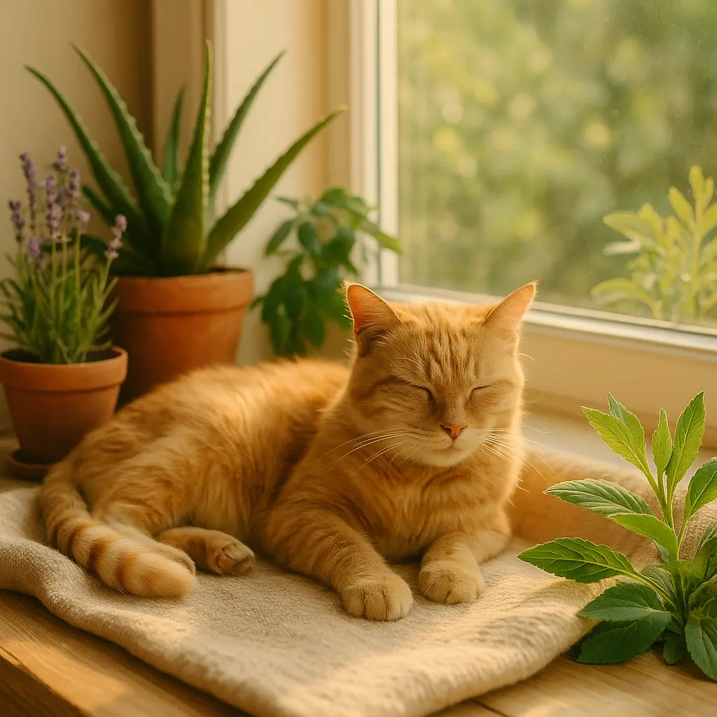 Chat âgé roux doux ou gris clair, allongé sur une couverture beige près d’une fenêtre