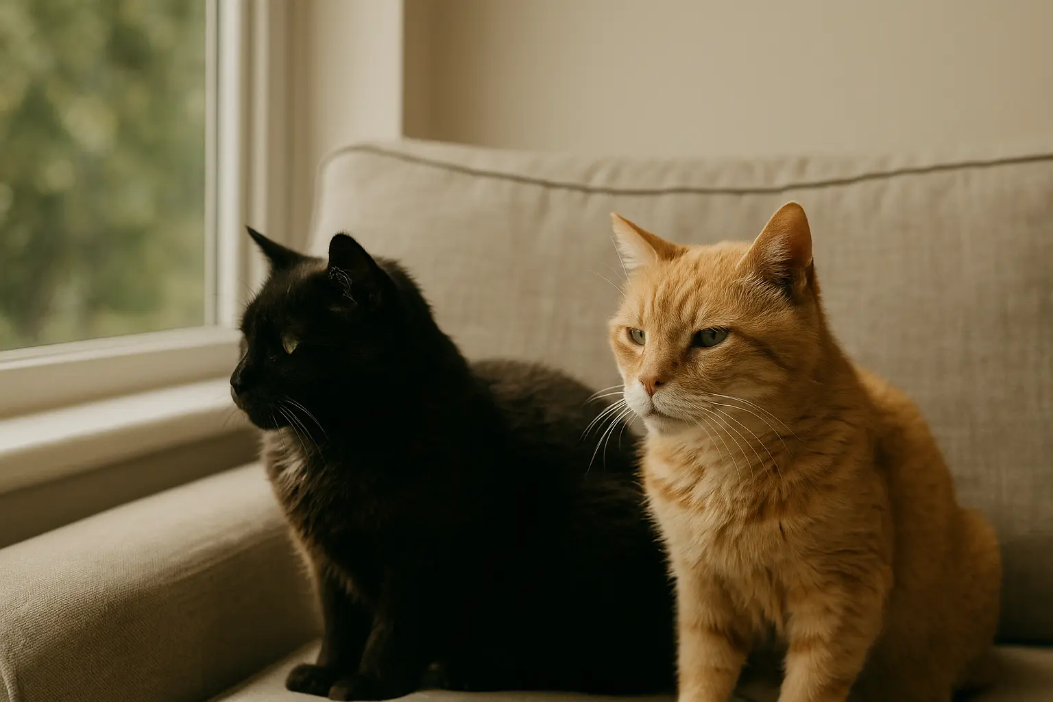 deux chats âgés côte à côte sur un canapé, l’un regarde par la fenêtre