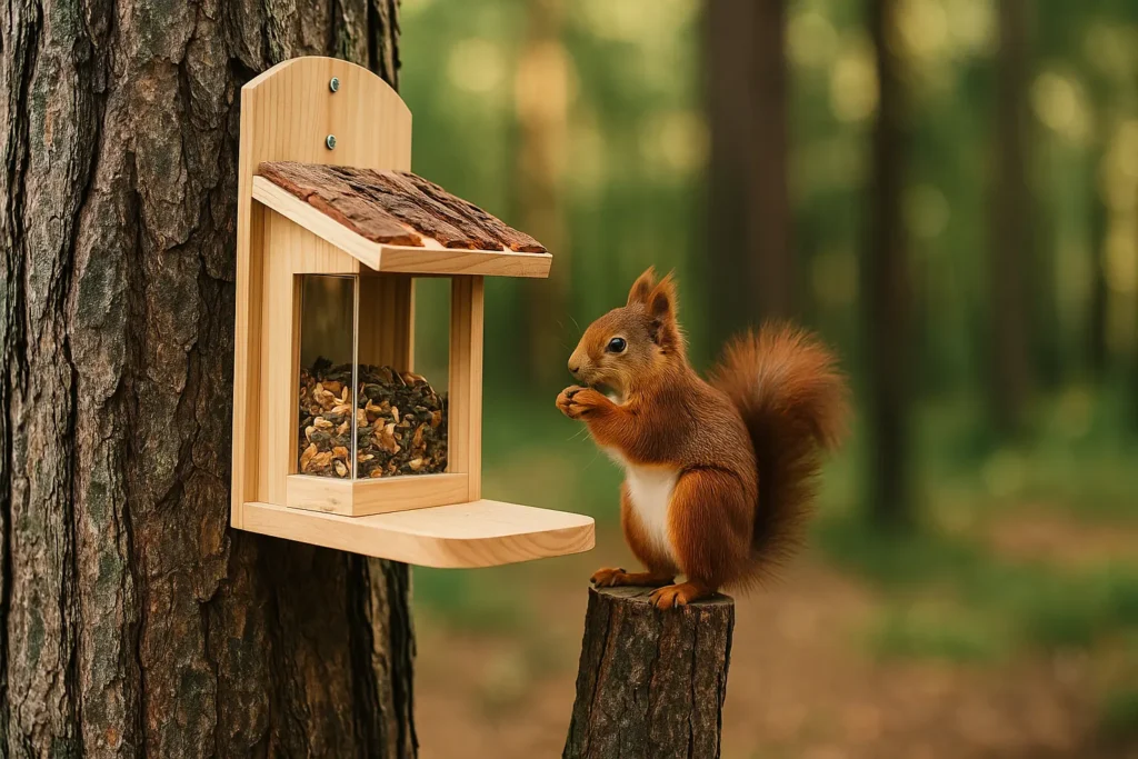 Mangeoire à Écureuil en Bois – Robuste, Naturelle, Utile