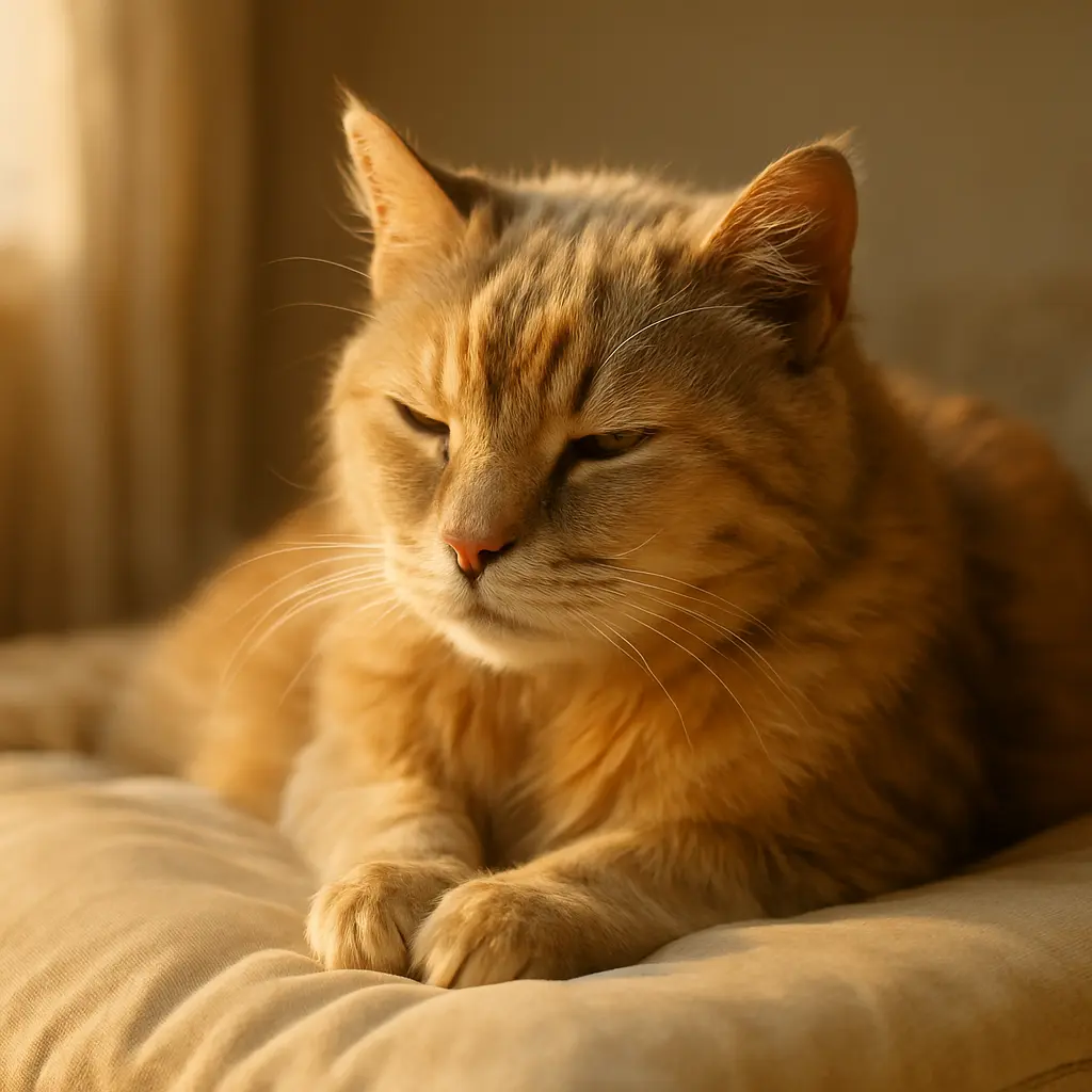 chat âgé au pelage gris ou roux allongé sur un coussin clair