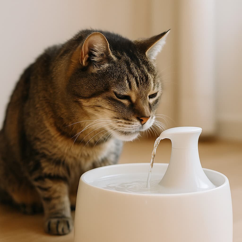 Un chat âgé boit paisiblement à une fontaine à eau moderne