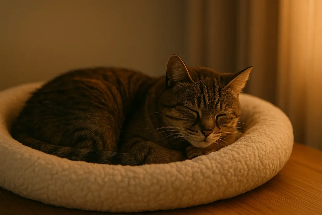 Chat âgé dormant paisiblement dans un panier moelleux