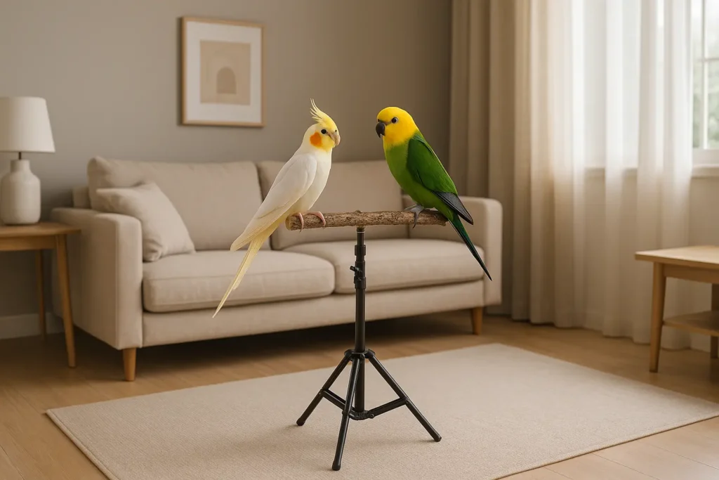 Perchoir Réglable pour Calopsitte – Trépied Bois et Métal