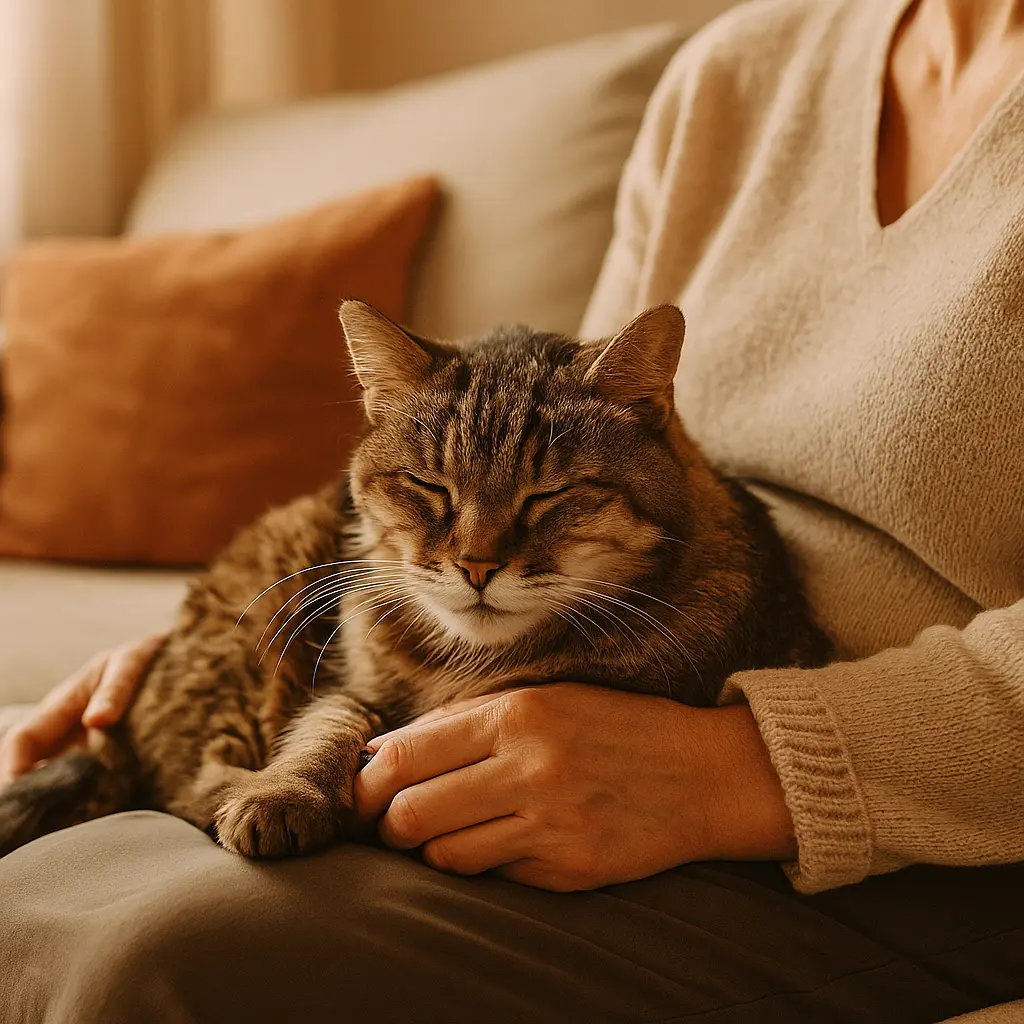 chat âgé endormi sur les genoux d’un humain