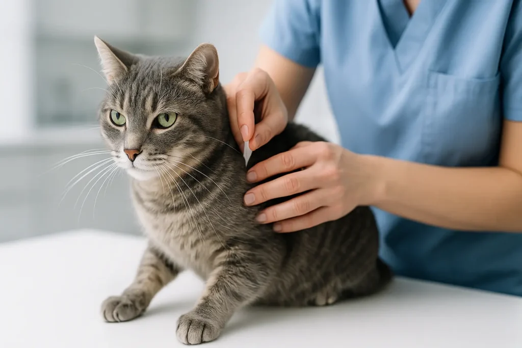 Chat posé sur une table vétérinaire pendant un examen de la peau par un vétérinaire attentif.