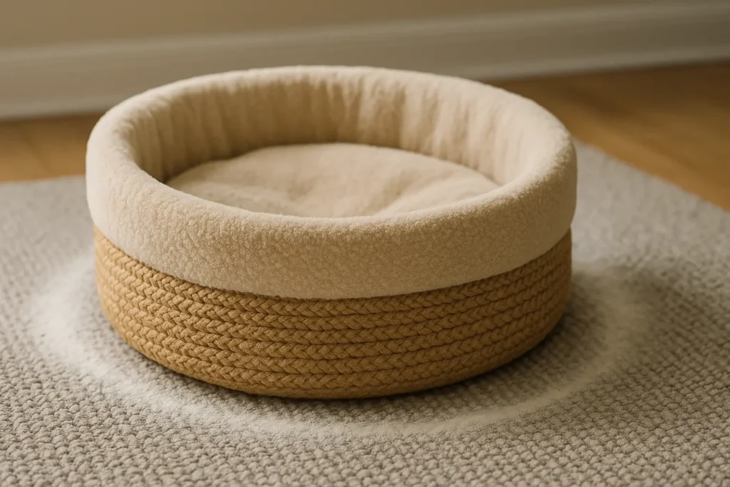 Panier de chat posé sur un tapis, avec une fine couche de terre de diatomée visible autour