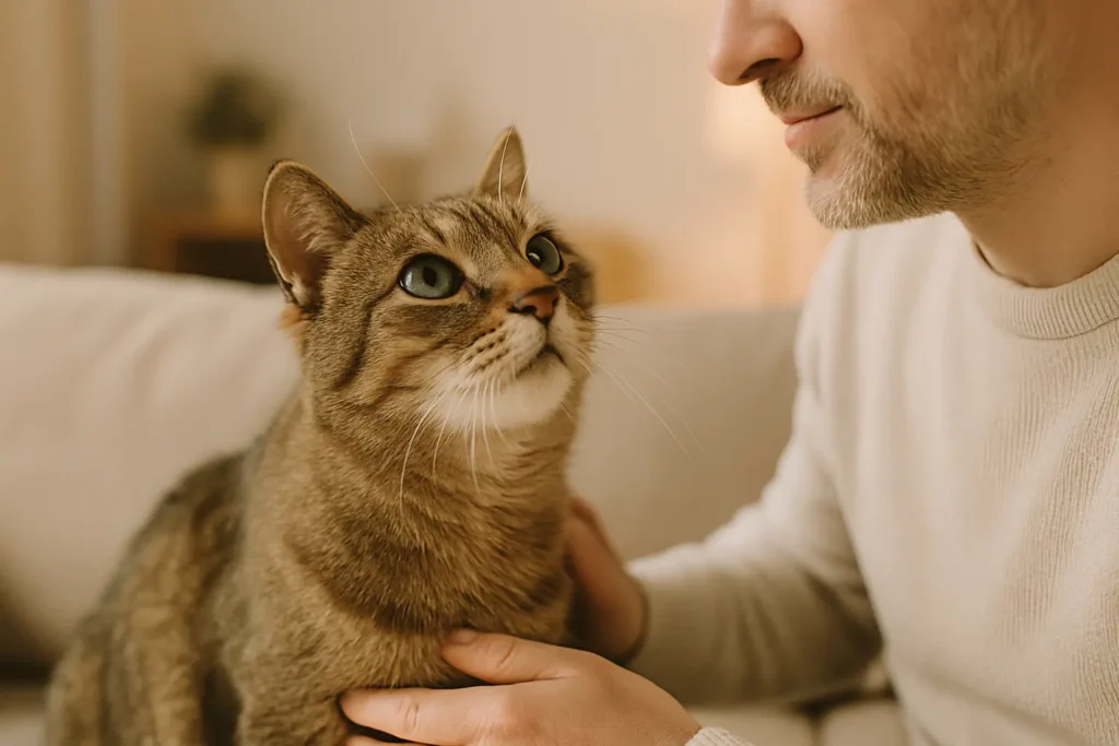 un chat senior levant doucement les yeux vers son humain