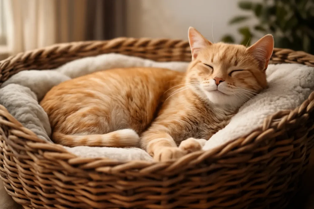 chat détendu couché dans un panier propre et sec.