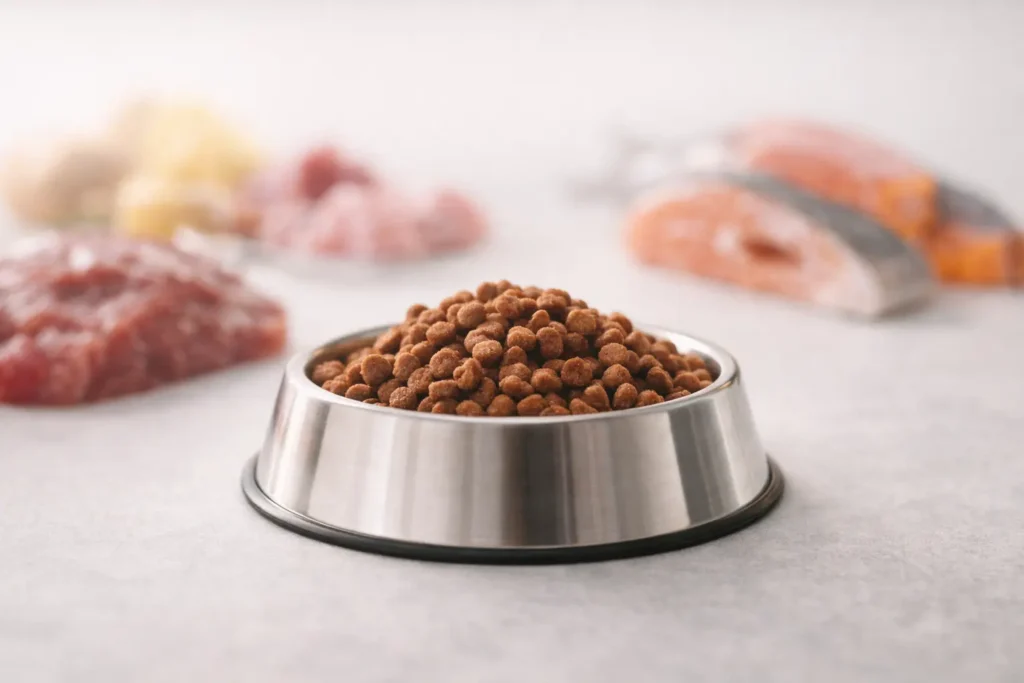 Gamelle pour chat entourée de différents ingrédients alimentaires floutés