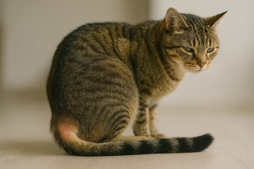 Chat vu de trois-quarts montrant une légère perte de poils et une irritation cutanée à la base de la queue.