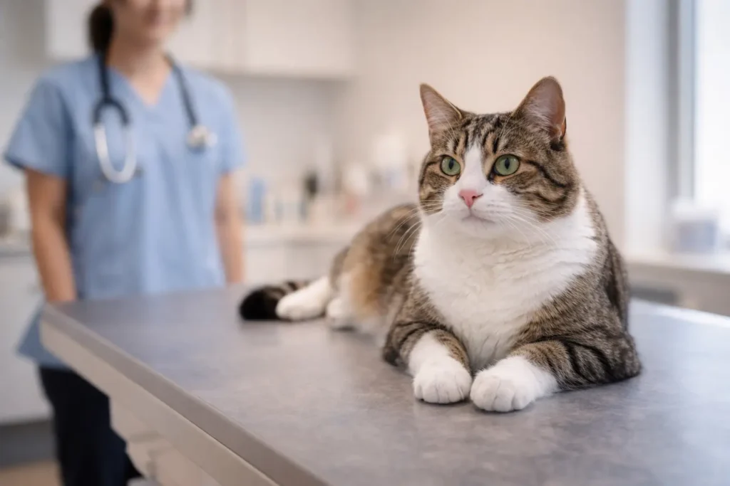 hat d’intérieur adulte posé tranquillement sur une table de consultation vétérinaire