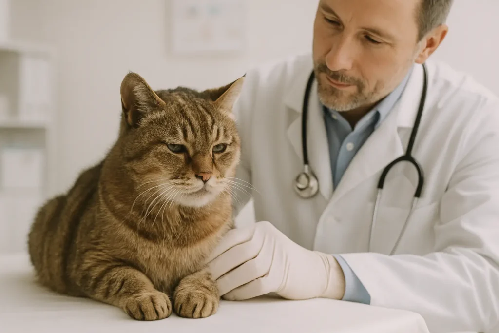 un chat âgé examiné doucement par un vétérinaire dans une petite clinique