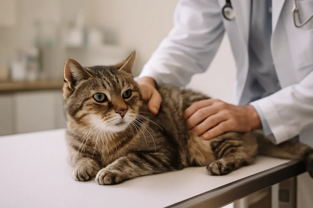 un chat âgé posé sur une table d’examen vétérinaire