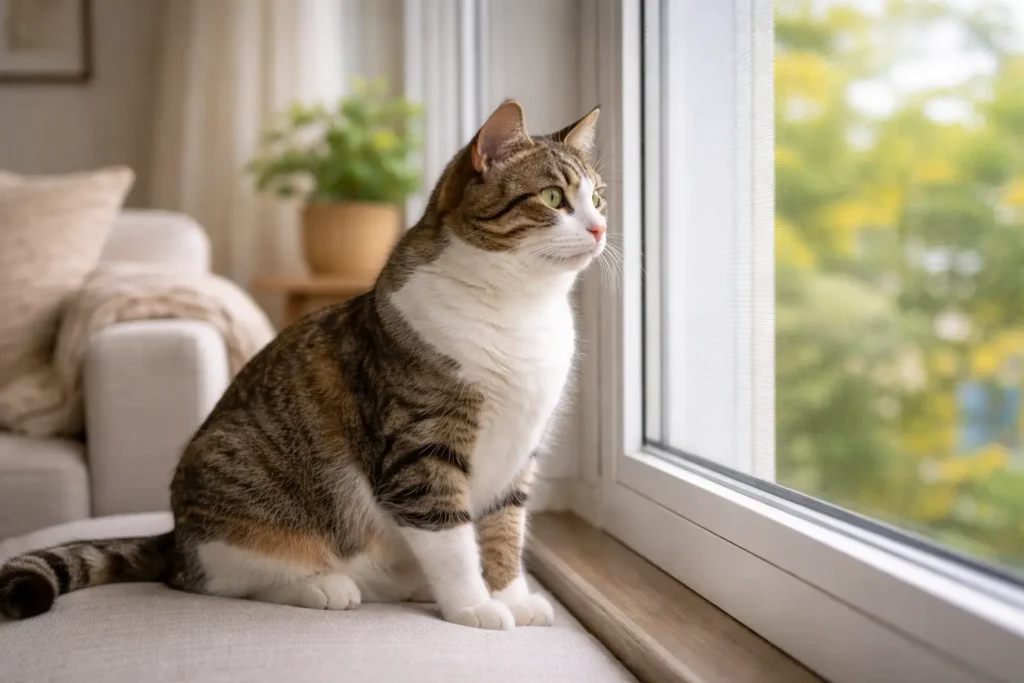 Chat d’intérieur adulte assis près d’une fenêtre sécurisée, regard calme vers l’extérieur.