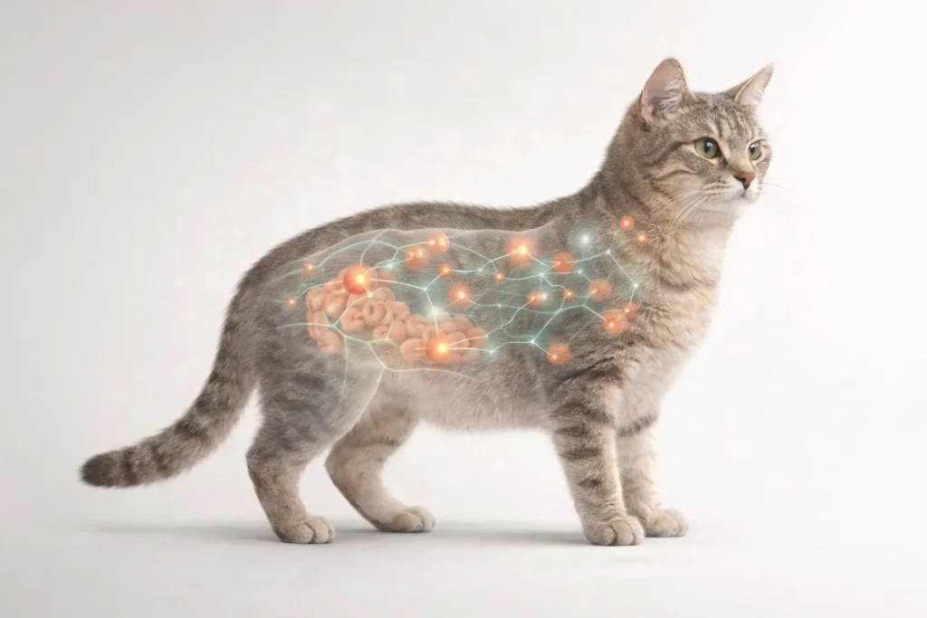 Illustration réaliste et pédagogique montrant un chat avec une silhouette semi-transparente suggérant le système immunitaire
