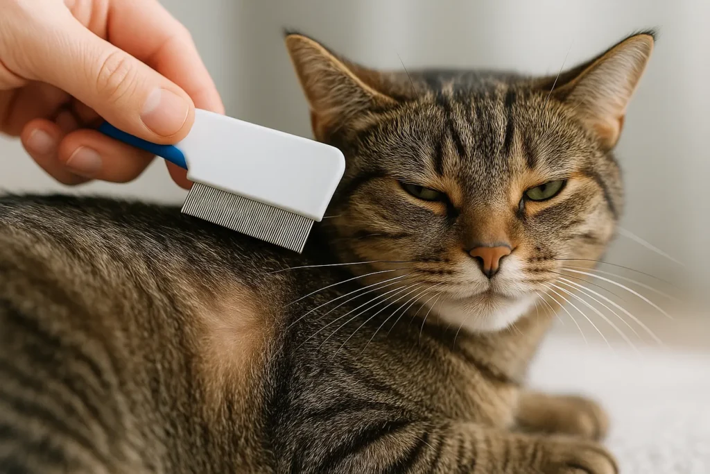 Main utilisant un peigne anti-puces sur un chat calme