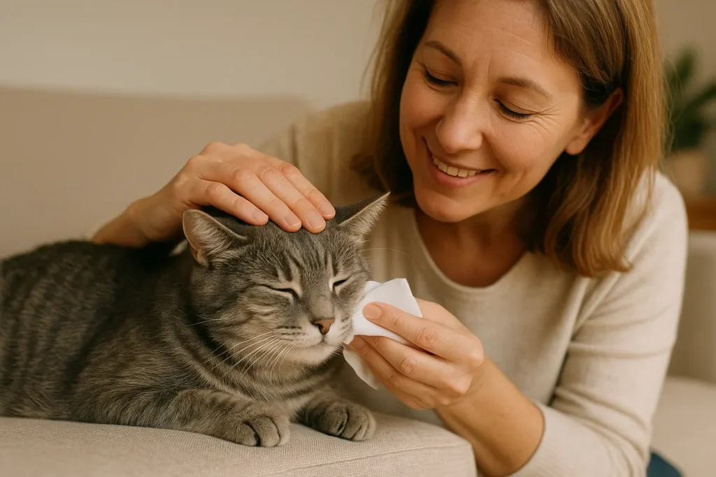 Un propriétaire prend soin de son chat