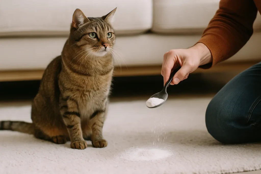 chat assis sur un tapis propre pendant qu’un humain saupoudre légèrement de la terre de diatomée autour du tapis.
