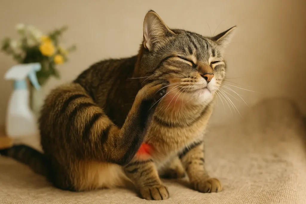 Un chat se grattant la tête ou le cou, montrant une légère irritation cutanée.