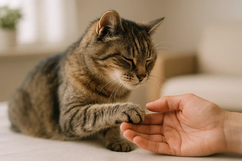 hat senior touchant doucement la main de son humain