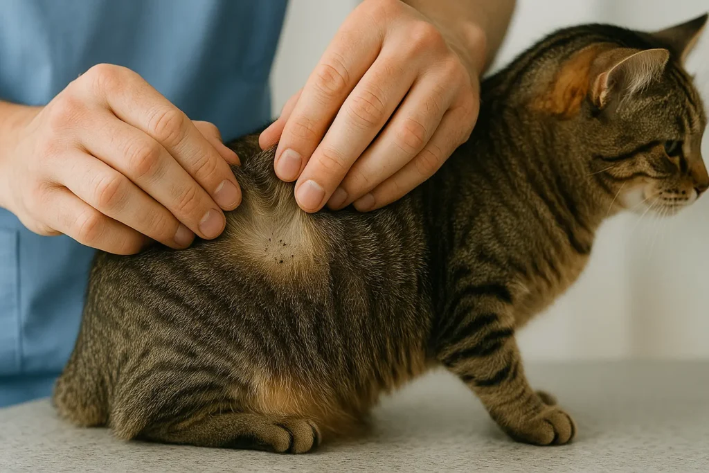 Gros plan sur un chat assis, soulevé légèrement au niveau du dos, révélant de petites crottes de puces dans la fourrure.