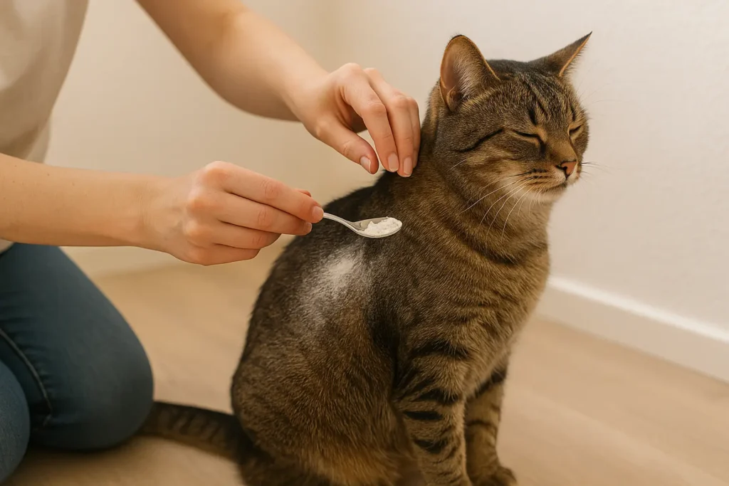 humain appliquant délicatement la terre de diatomée sur le pelage du chat avec une petite cuillère ou les doigts.