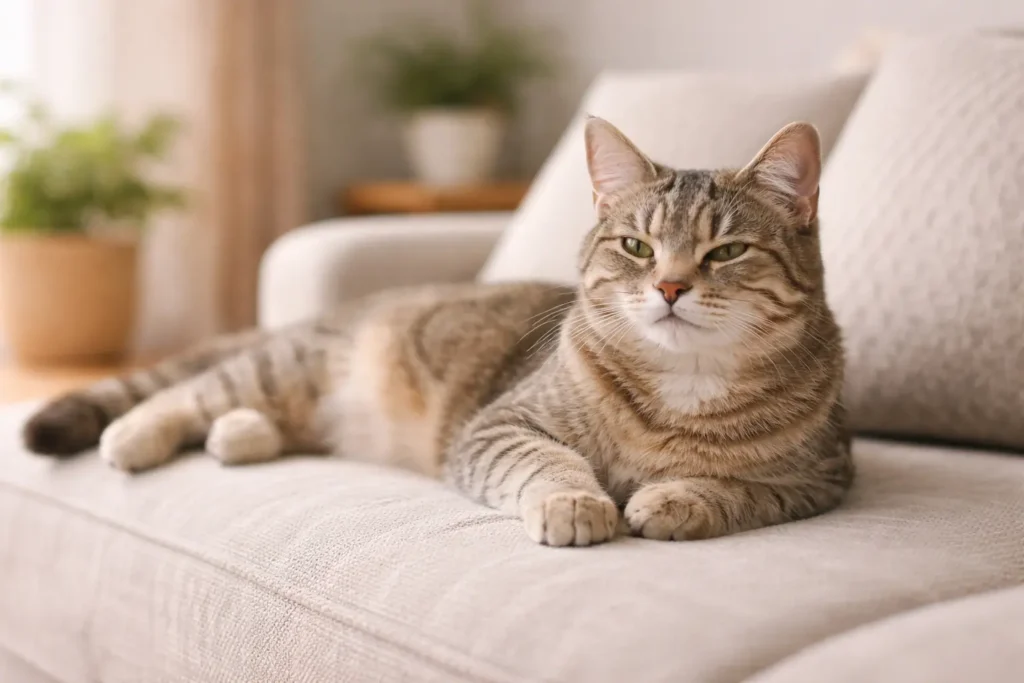 Chat détendu, allongé confortablement, pelage sain et brillant, expression apaisée.
