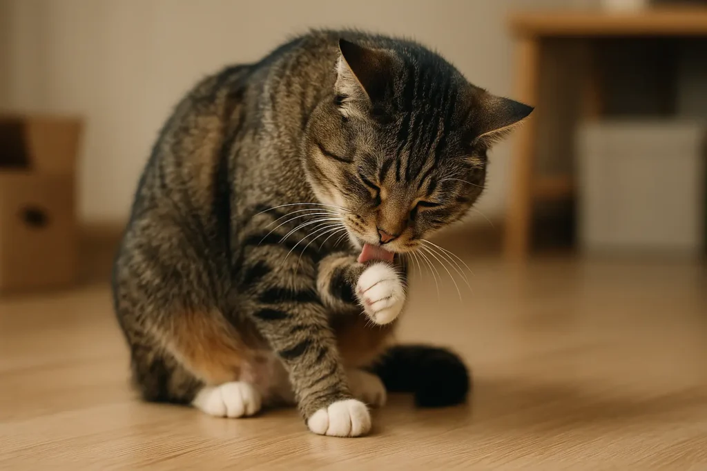Un chat stressé ou anxieux se léchant excessivement le ventre ou une patte.