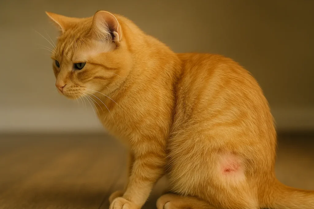 Gros plan doux d’un chat montrant une légère irritation sur le cou ou la base de la queue (sans aspect médical choquant).
