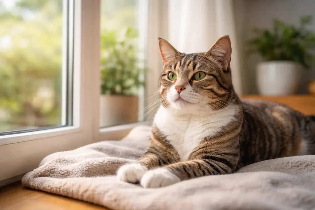 Chat senior paisible dans un environnement rassurant.