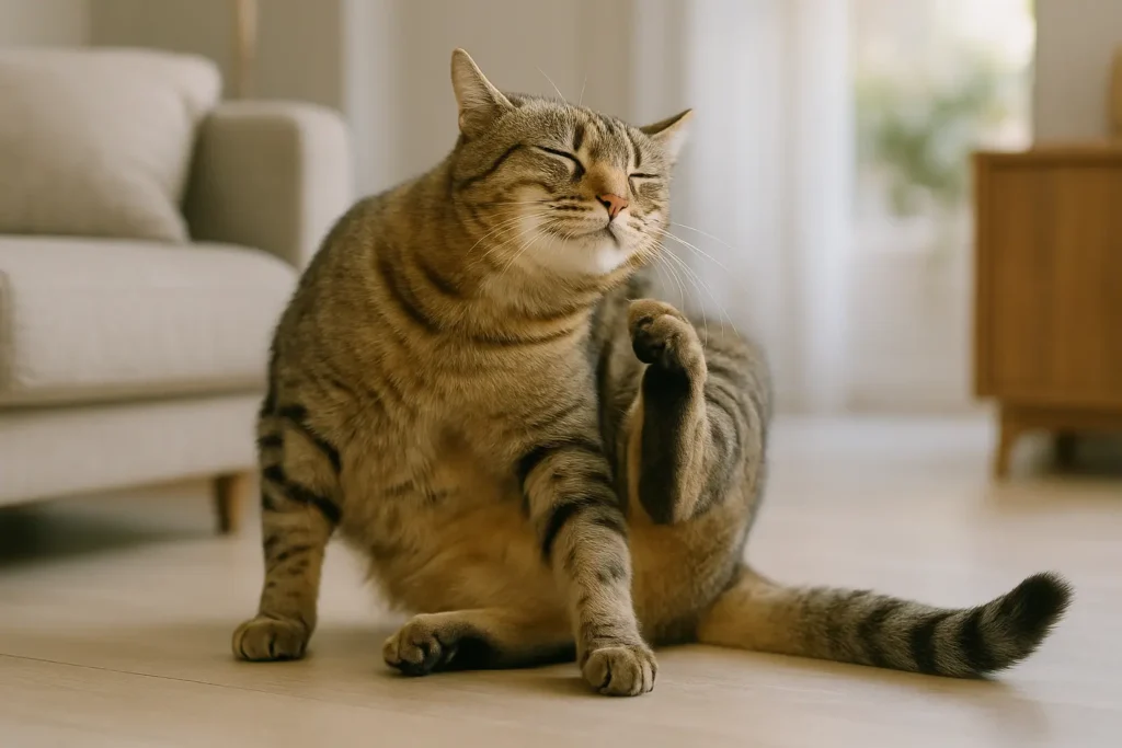 Plan moyen montrant un chat domestique se grattant vigoureusement la base de la queue avec sa patte arrière.