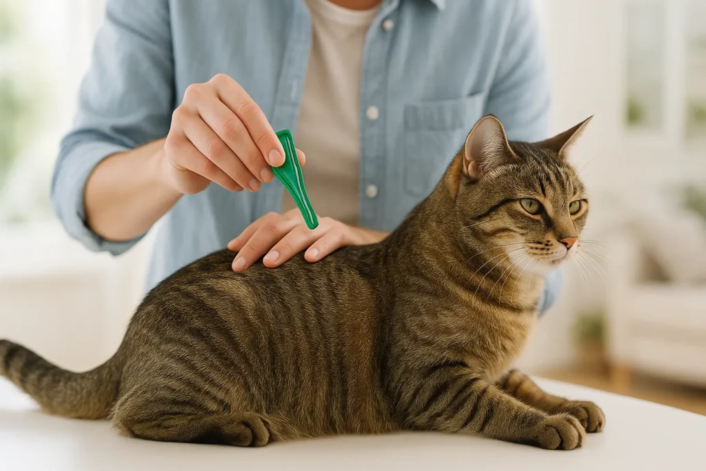 Propriétaire appliquant une pipette antiparasitaire entre les omoplates d’un chat calme.