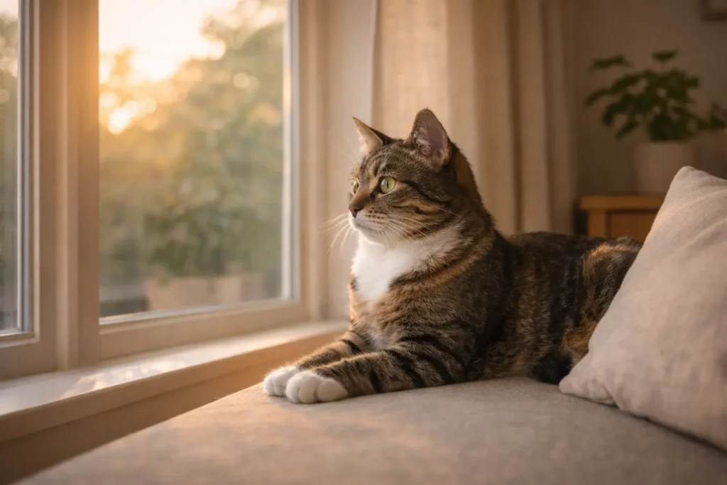chat adulte allongé paisiblement près d’une fenêtre, lumière douce de fin de journée