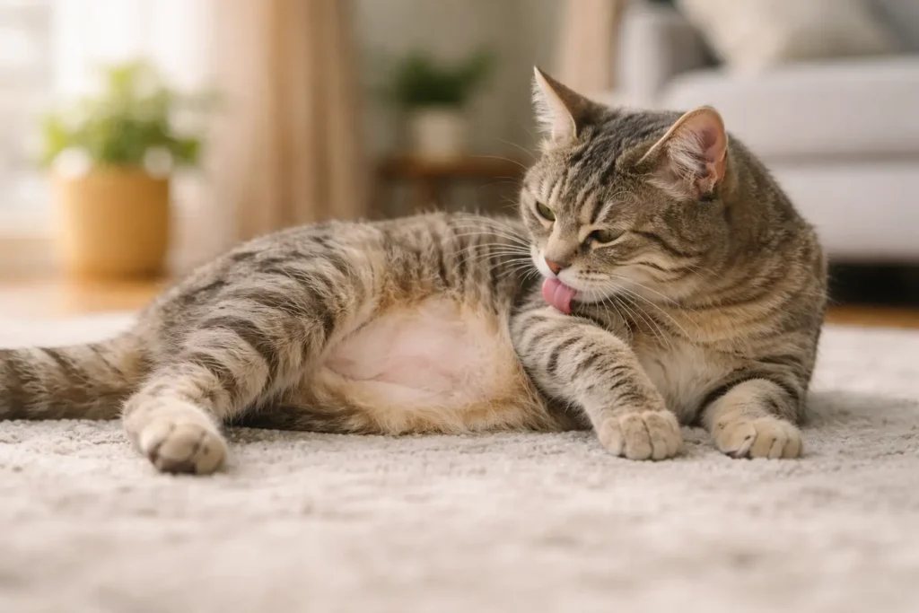 Chat se léchant excessivement le ventre ou la patte, légère perte de poils visible.
