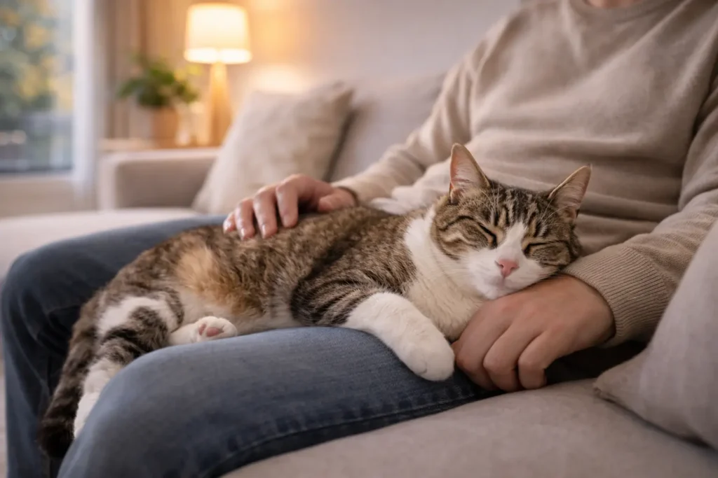 hat d’intérieur adulte reposant paisiblement près de son propriétaire assis sur un canapé