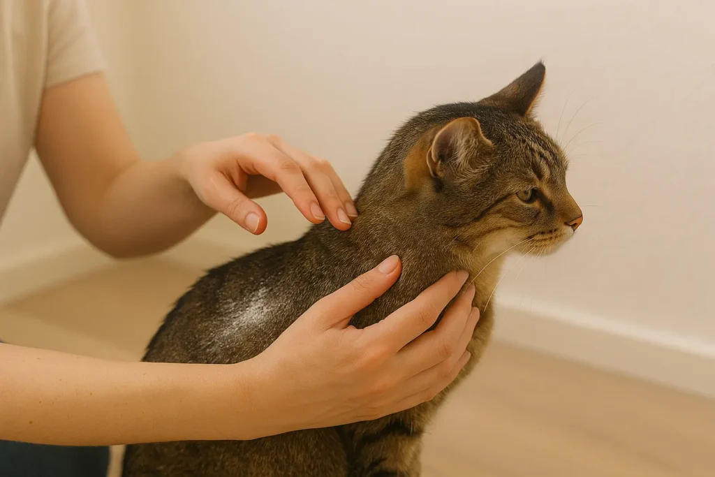 chat détournant légèrement la tête pendant que l’humain évite soigneusement la zone des yeux lors de l’application.