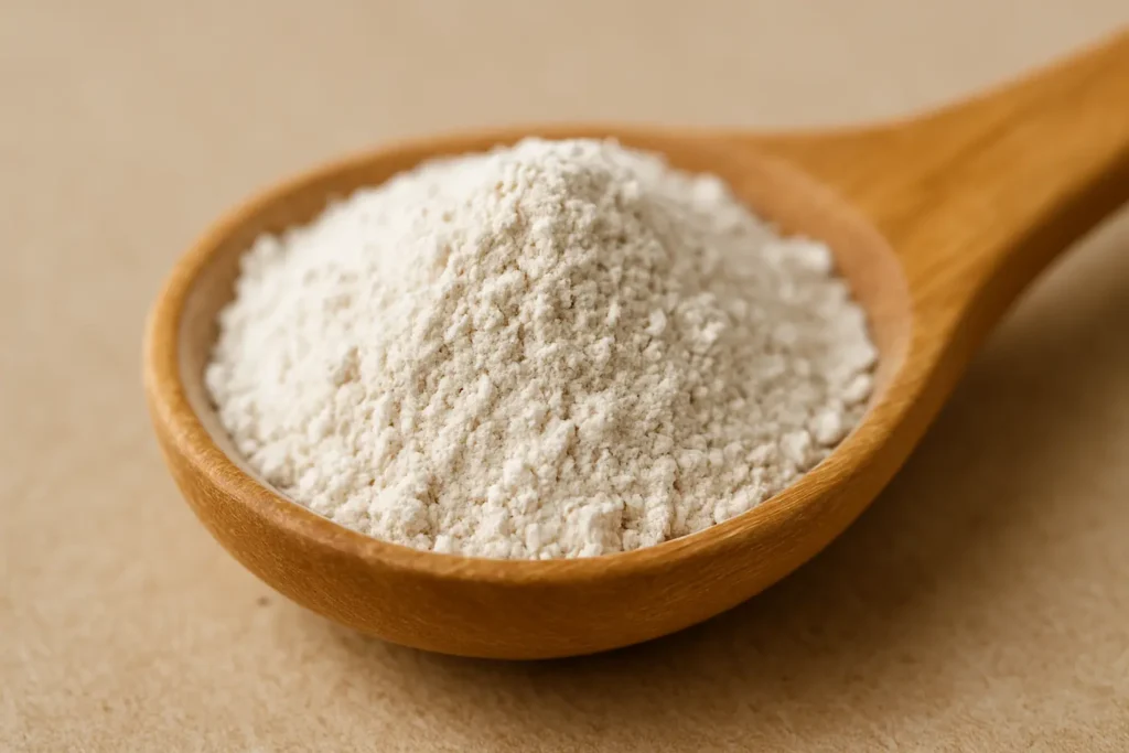 zoom macro sur de la terre de diatomée blanche dans une petite cuillère en bois.