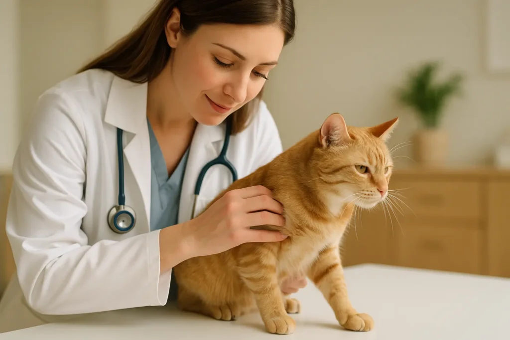 Un vétérinaire examinant délicatement la peau d’un chat en écartant la fourrure