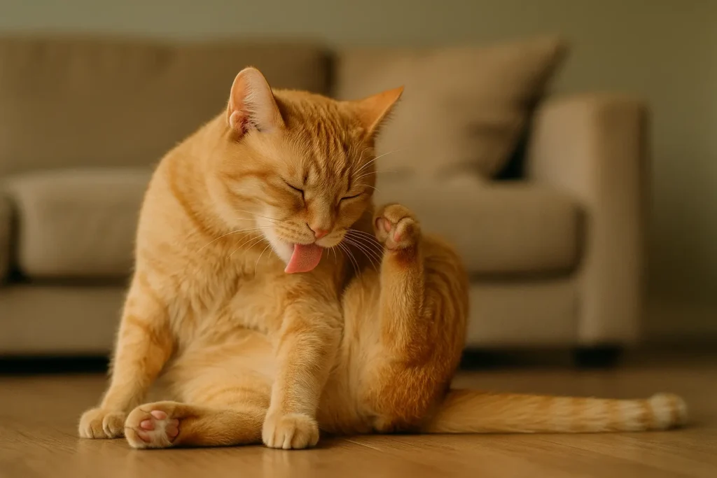 Un chat se léchant ou se grattant légèrement, posture qui montre une gêne mais de manière subtile.