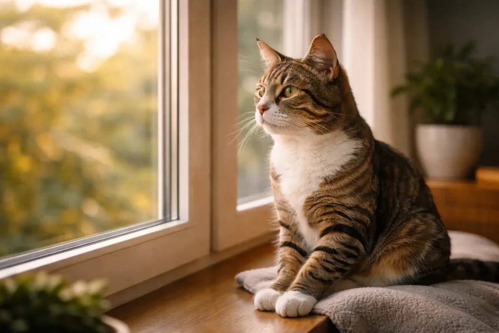 Chat adulte dans une posture calme et réfléchie.