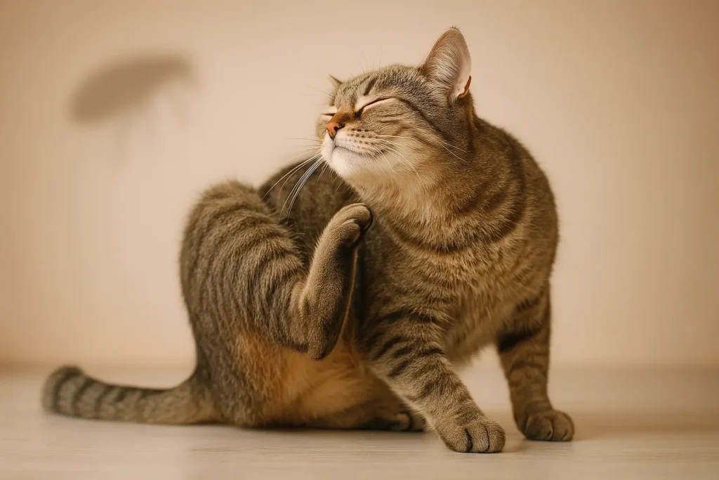 Un chat se grattant la base de la queue